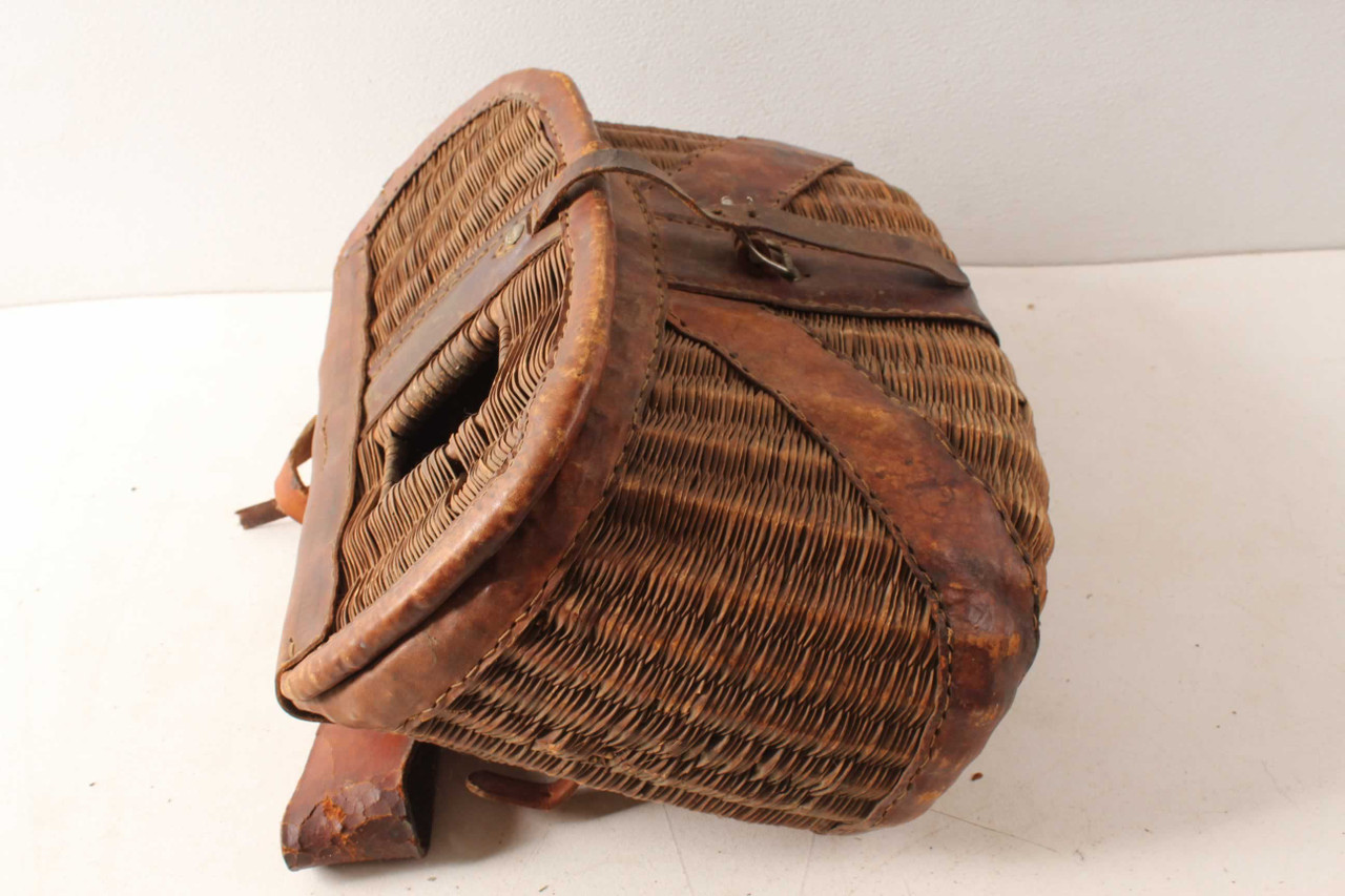 Vintage Wicker & Leather Fishing Creel With Shoulder Strap Antique