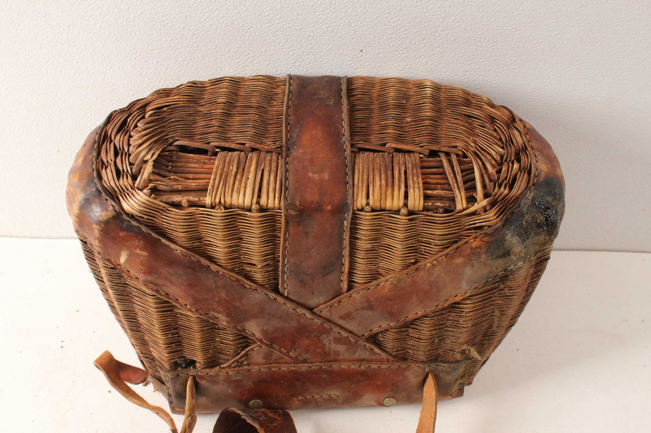 Vintage Wicker & Leather Fishing Creel With Shoulder Strap Antique