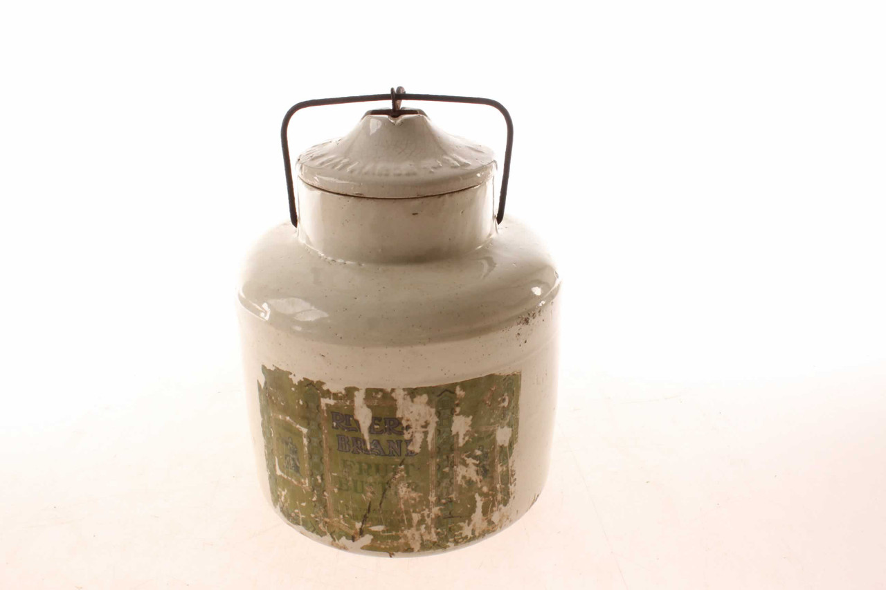 Antique River Brand Fruit Butter Crock Jar & Wire Bail Top Antique