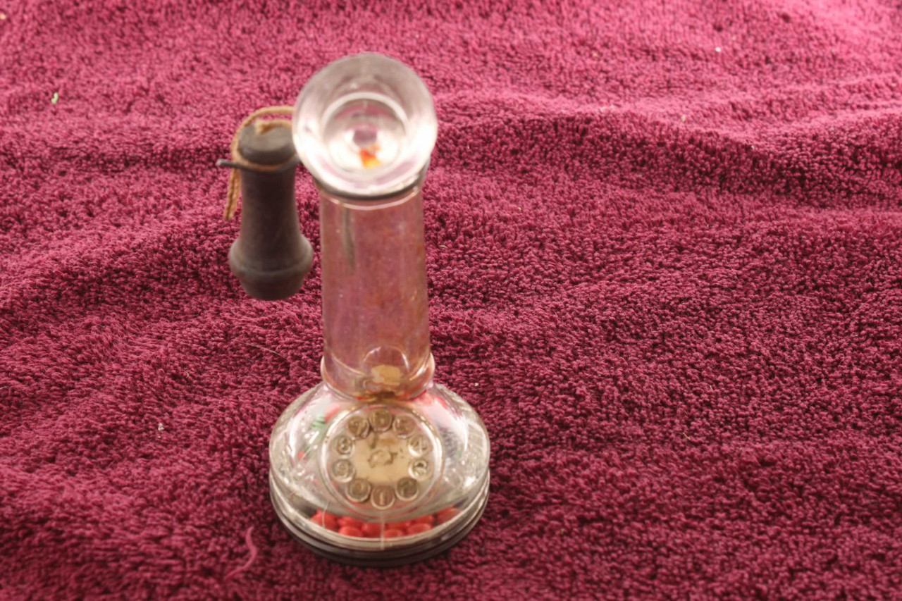 Vintage Glass Victory Candlestick Telephone Candy Container & Metal