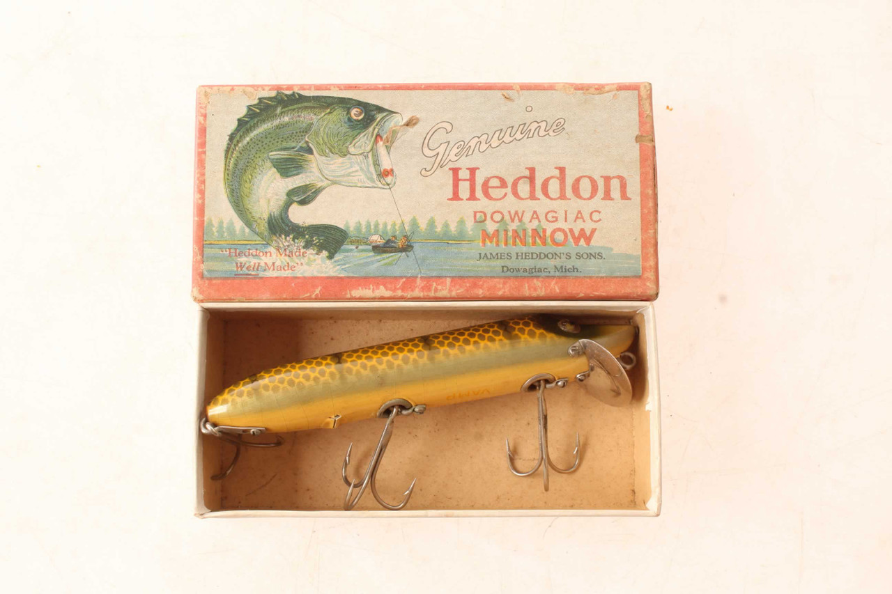 Vintage Heddon Dowagiac Vamp Wooden Fishing Lure & Box - Antique Mystique