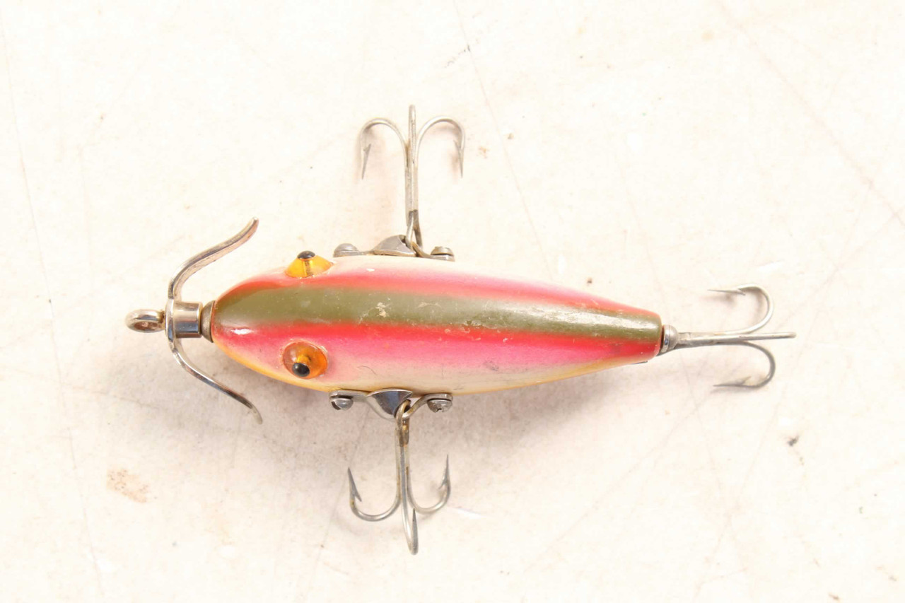 Antique Heddon Baby Dowagiac Minnow Rainbow Color Glass Eye Wood Fishing  Lure