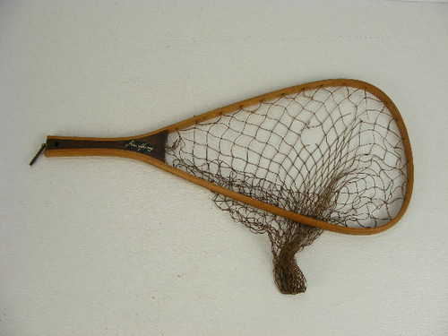 A 23" vintage trout stream wood fishing net marked Jim Haney