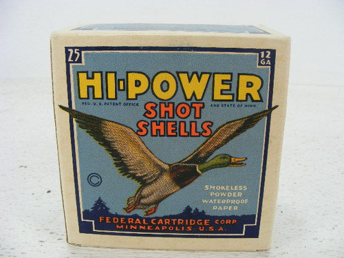 A nice clean box of old Federal Hi-Power 12 gauge shotgun shells with the duck on the box.