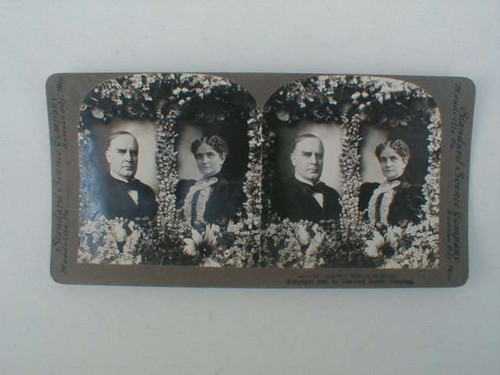 Antique stereo viewer card picturing Mr. &amp; Mrs. McKinley from the Standard Scenic Co. dated 1906.