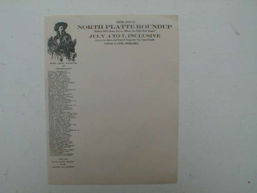 Vintage stationary picturing Buffalo Bill and advertising North Platte Roundup.