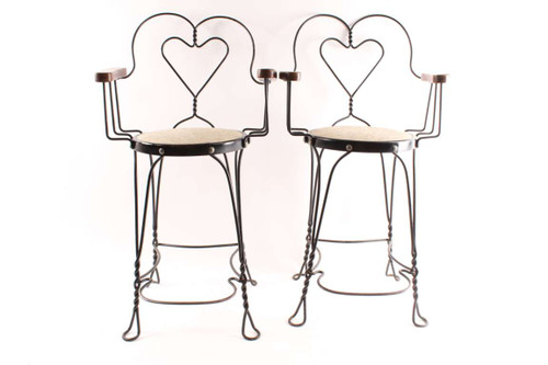 Antique Billiards Parlor Pool Hall Twist Wire Tall Heart Back Chairs Oak Arm Rests