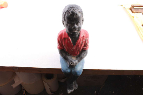 Vintage Painted Concrete Black Americana Statue, Little Boy Sitting Fishing  With Wood Dowel Pole, Good Condition, 11 x 31H Auction