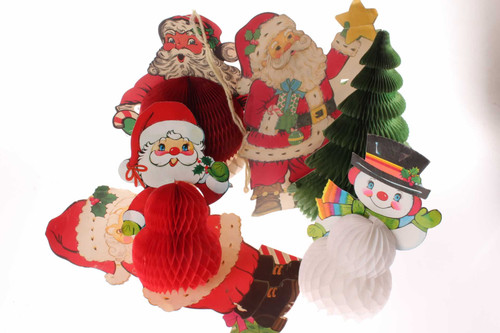 5 Vintage Santa Claus Snowman Honeycomb Tissue Paper Foldouts