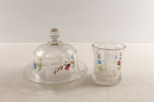 Antique Glass Hand Painted Butter Dish & Sugar Bowl - Antique Mystique