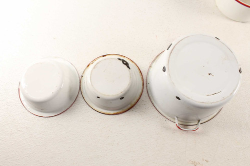 6 Vintage White & Red Trim Porcelain Enamel Cookware Pots Pans ...