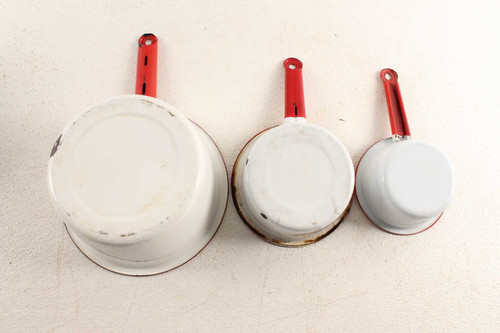 6 Vintage White & Red Trim Porcelain Enamel Cookware Pots Pans