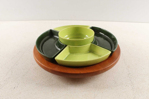 Vintage Mid Century Chip & Dip Set Colored Pottery & Wood Tutrntable