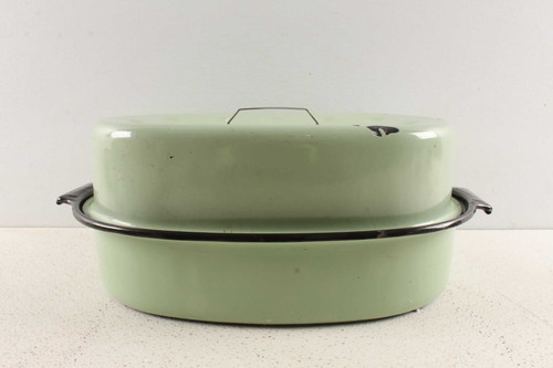 vintage enamelware roasting pan or baking dish, Cream City jadite green &  tan
