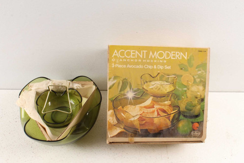 Mid Century Accent Modern Anchor Hocking Avocado Dip & Chip Set & Box