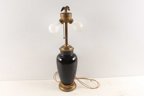 Antique Black Glass & Brass Table Lamp With Eagle Top Finial