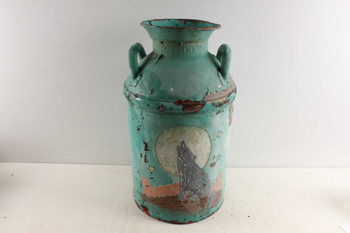 Vintage Native American Coyote Hand Painted Rustic Cream Can