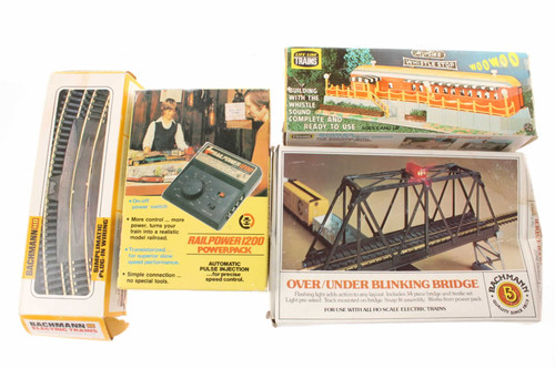 Vintage Toy Railroad Bachmann Bridge Track Rail Power Pack & Building In Boxes