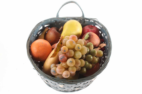 Vintage Mid Century Wood Rubber & Plastic Fruit In Wicker Basket