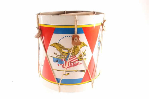 Large Tin Lithograph Patriotic Theme Drum With Leather & Ropes