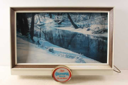 Vintage Olympia Beer Advertising Lighted Wall Sign Winter Creek Scene