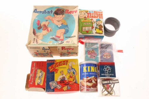 Vintage 10 Toy Lot Windup Puppy Jackpot Gyroscopes Loom Opera Glasses All In The Box