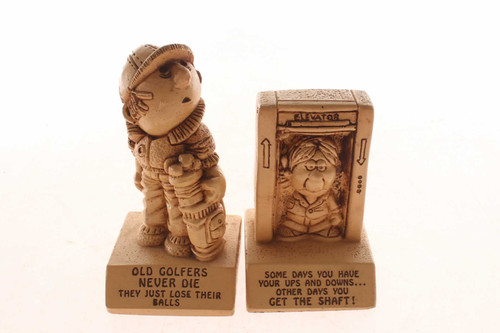 2 Vintage 1969-72 Paula Statues Old Golfers Lose Their Balls & Get The Shaft
