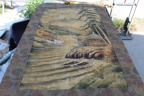 Antique Oriental Design Wall Cloth Tapestry & Hanging Hardware