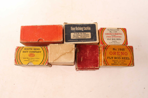 7 Vintage Fishing Reel Boxes South Bend Oreno Shakespeare Pemco Union Wards  - Antique Mystique