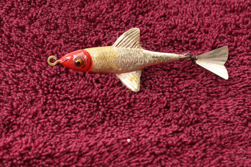 Nice Antique Fred Arbogast Tin Liz Metal Minnow Lure With Glass Eyes & Box  - Antique Mystique