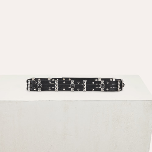 High waisted leather belt with studs - Black