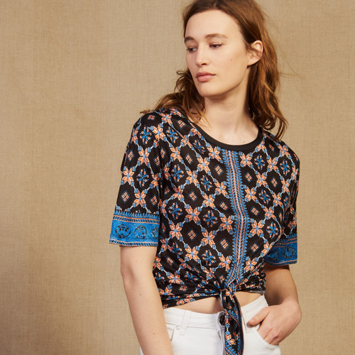 Printed T Shirt With Tie Fastening - Blue