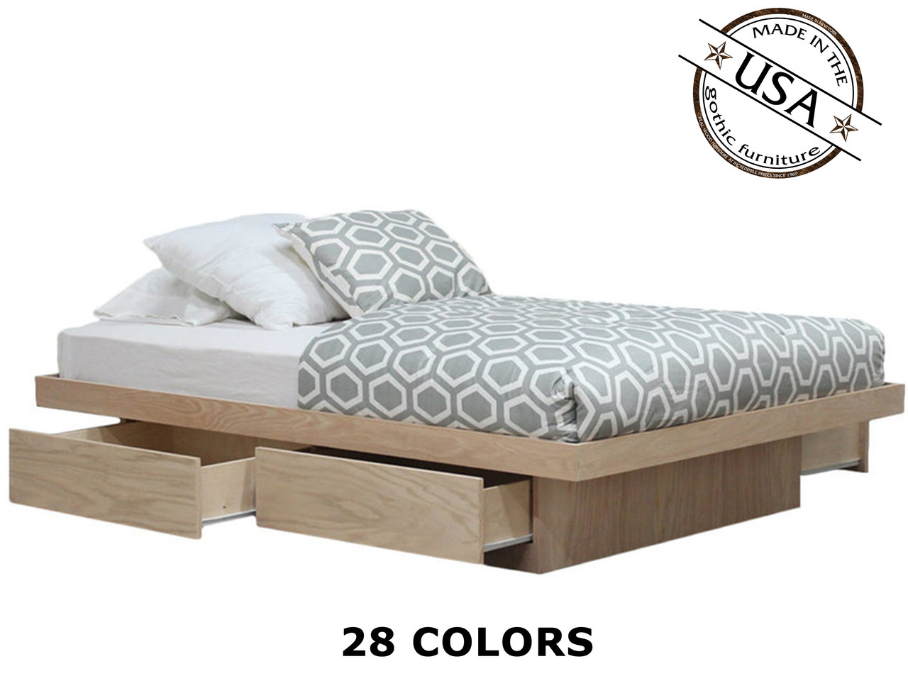 Queen Platform Bed with 4 Drawers on Tracks | Oak Wood | Gothic 