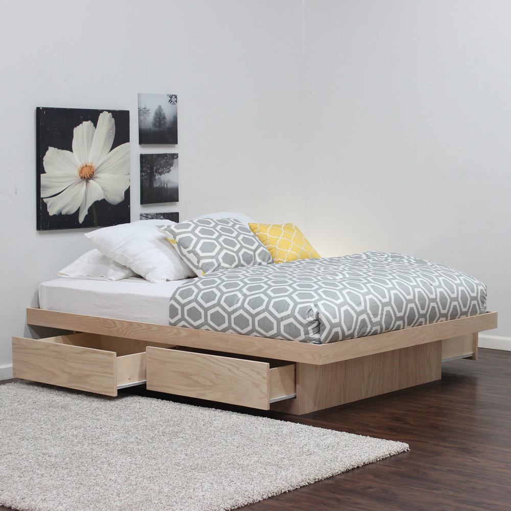 Full Platform Bed with 4 Drawers on Tracks Oak Wood Gothic Furniture