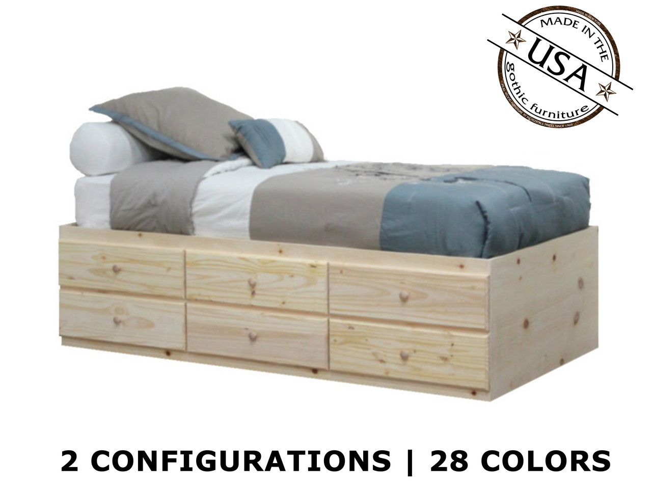 Extra Long Twin Storage Bed Pine Wood Gothic Furniture