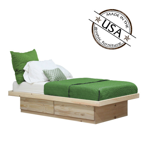 XL Twin Platform Bed 2 Drawers on Metal Tracks in Pine Gothic Furniture
