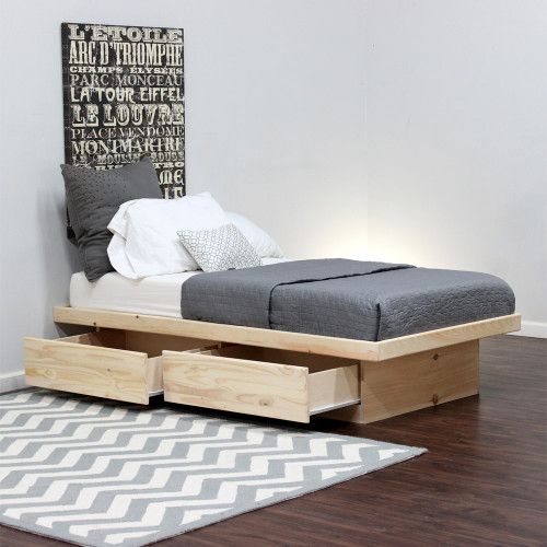 XL Twin Platform Bed 2 Drawers on Metal Tracks in Pine Gothic Furniture