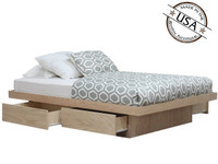 XL Full Platform Bed with 2 or 4 Drawers on Tracks | Oak Wood