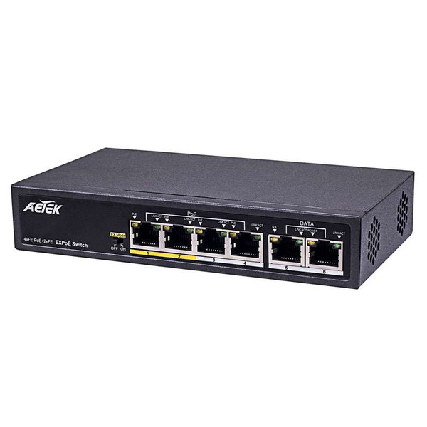 Aetek 4 Port Unmanaged PoE Switch, 2x 100M Uplink, 802.3af/at, EX Mode, 65W