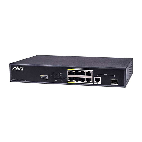 Aetek 8 Port Unmanaged PoE Switch, 2x Gigabit SFP/RJ45 Uplink, EX Mode, 120W