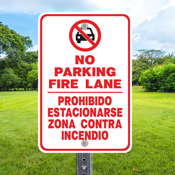 No Parking Fire Lane Bilingual - 12x18 Aluminum Sign