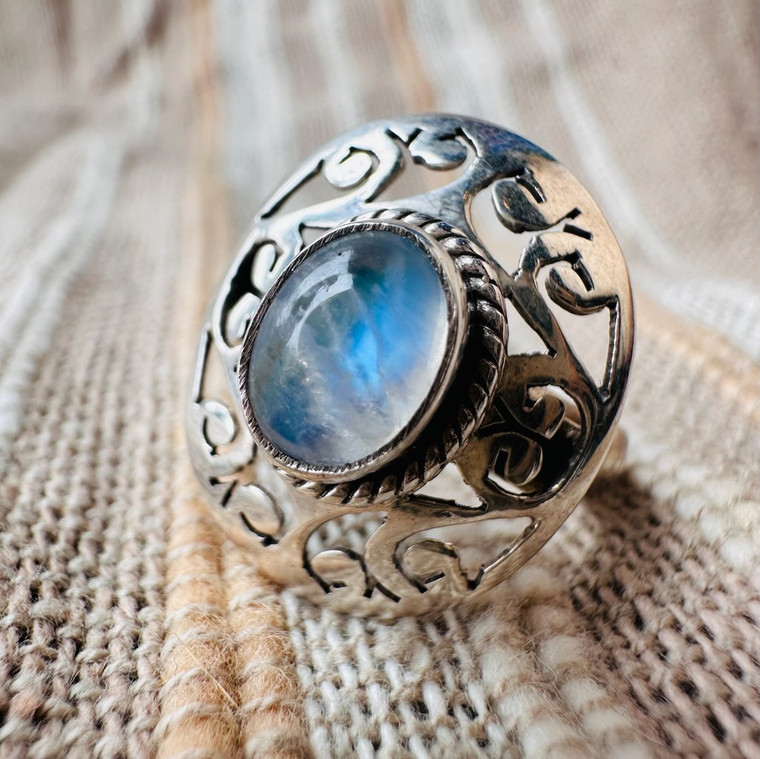 Rainbow Moon Stone Framed Ring