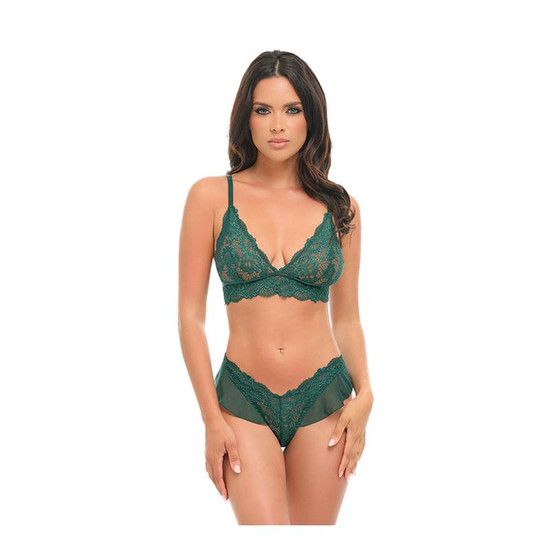 Soft Cup Lace & Mesh 2 pc Set w/Ruffle Details - Green