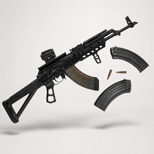 Romanian WASR-10 AK-style 7.62x39 rifle with modern black tactical furniture, optic, magazines, and cartridges on white background.