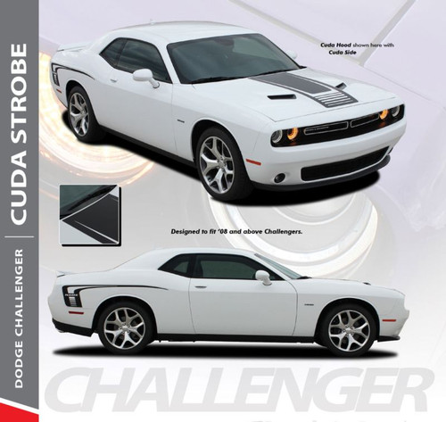 Dodge Challenger Factory OEM Style CUDA STROBE COMBO Strobe Hood and Side Vinyl Graphic Decal Stripes Kit 2008-2020
