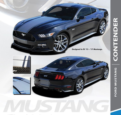 Ford Mustang CONTENDER Wide Center Bumper to Bumper Hood Racing Rally Stripes Vinyl Graphics Kit fits 2015 2016 2017 Models