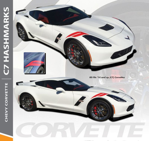 Chevy Corvette C7 HASH MARKS Double Bar Hood Fender Stripes Vinyl Graphic Decals Kit for 2014 2015 2016 2017 2018 2019