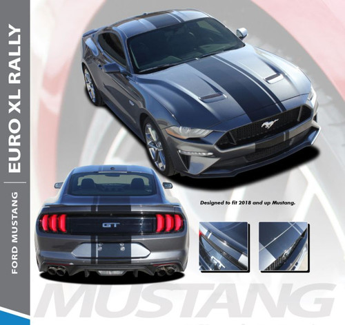 Ford Mustang Racing Stripes EURO XL RALLY Center Hood Roof Trunk Racing Rally Stripes Vinyl Graphics Decals Kit 2018 2019