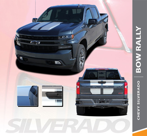 Chevy Silverado Hood and Tailgate Decals BOW RALLY Stripes Vinyl Graphic Kit fits 2019 2020