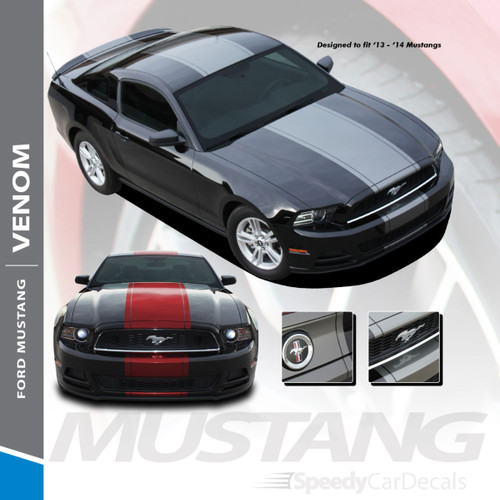 VENOM : 2013-2014 Ford Mustang Super Snake Center Hood Wide Racing Stripes Rally Decals Vinyl Graphics Kit